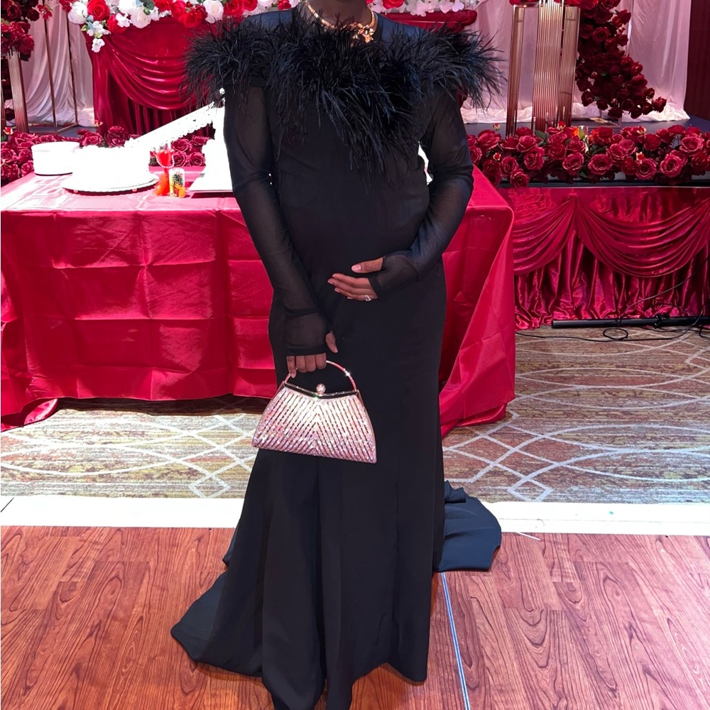 Elegant Maternity Black Gown with Feather Details